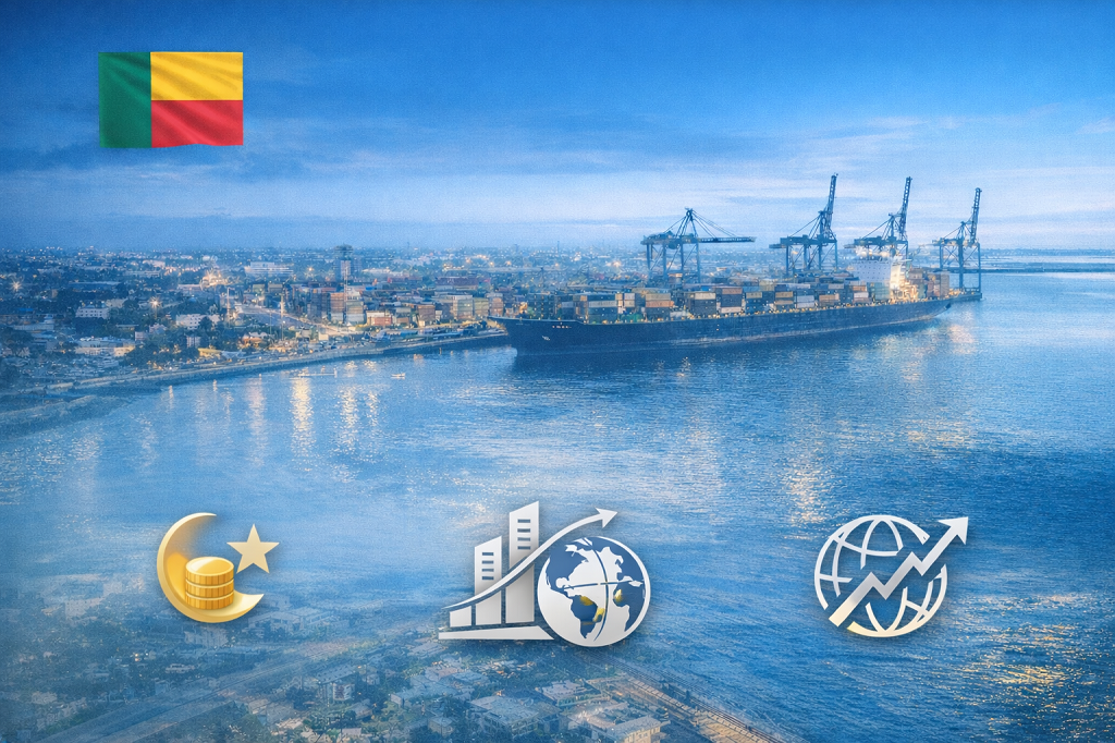 Vue aérienne du port de Cotonou avec un navire de commerce et des icônes symbolisant la finance souveraine, la diversification des marchés et la finance islamique, sur fond de drapeau béninois.