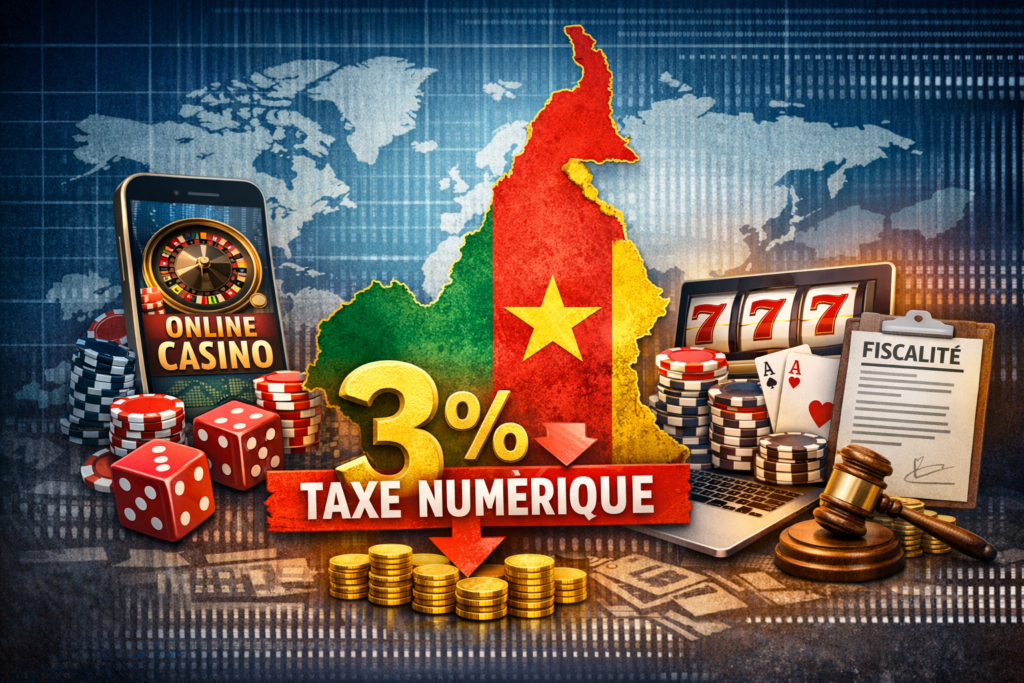 Carte du Cameroun aux couleurs nationales entourée de symboles de jeux d’argent en ligne et d’éléments fiscaux, illustrant la nouvelle taxe numérique de 3 % sur les plateformes étrangères.