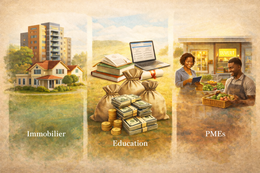 Illustration représentant l’impact des remittances de la diaspora africaine sur l’immobilier, l’éducation et les petites entreprises, symbolisant le rôle d’investissement informel du capital diaspora.