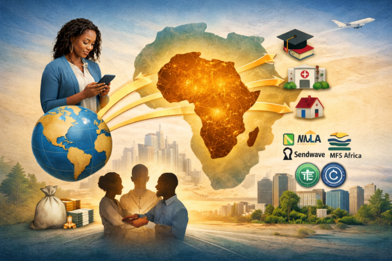 Illustration montrant des flux financiers de la diaspora vers l’Afrique, représentant les envois d’argent, les remittances et le financement des besoins essentiels via mobile et fintech.