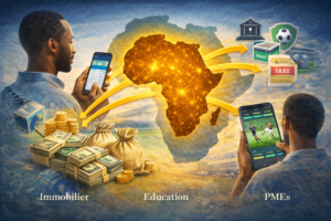 Illustration montrant la circulation des remittances de la diaspora africaine vers le continent via mobile money, puis leur usage partiel dans les paris sportifs en ligne, révélant des enjeux fiscaux, réglementaires et de souveraineté.