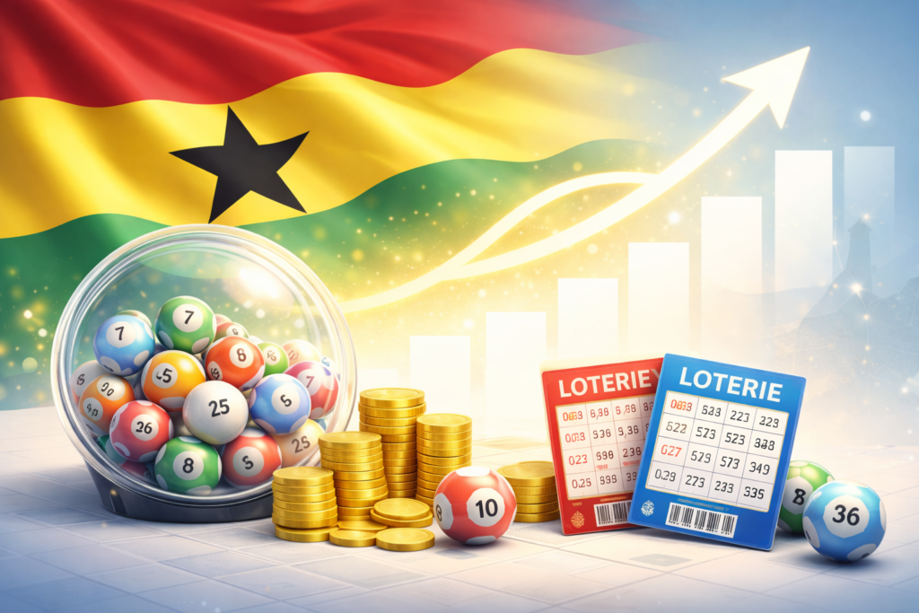 Illustration de la loterie publique au Ghana, avec le drapeau ghanéen, des boules de loterie et des tickets, évoquant la réforme et la modernisation du secteur.