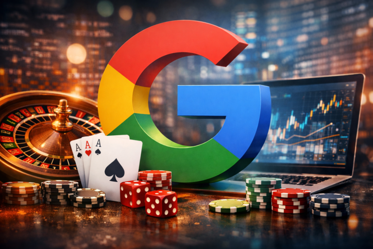 Illustration représentant Google Ads et l’univers des jeux et paris en ligne, symbolisant le durcissement des règles publicitaires et de certification à partir de 2026.