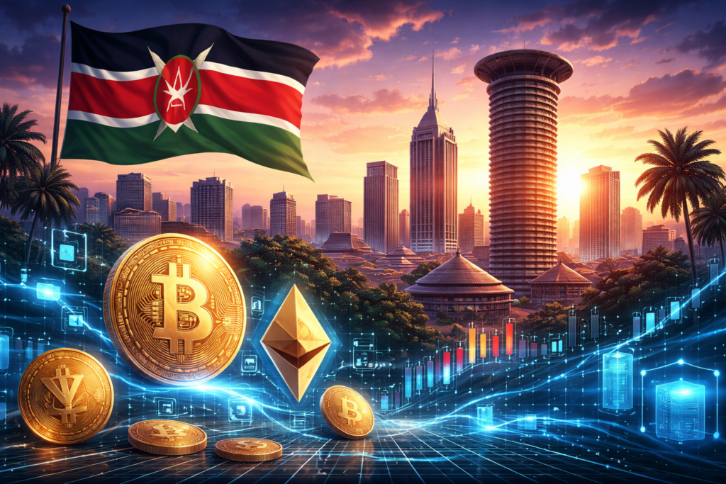 Illustration numérique du skyline de Nairobi avec des éléments crypto et blockchain symbolisant la régulation du Kenya sur les actifs numériques.