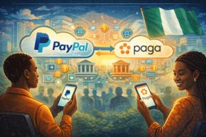 Illustration de l’intégration de PayPal avec Paga au Nigeria, symbolisant l’accès local aux paiements internationaux via portefeuilles numériques.
