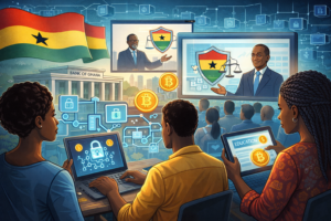 Illustration de l’éducation nationale sur les cryptomonnaies au Ghana, avec des symboles de blockchain, apprentissage et régulation.