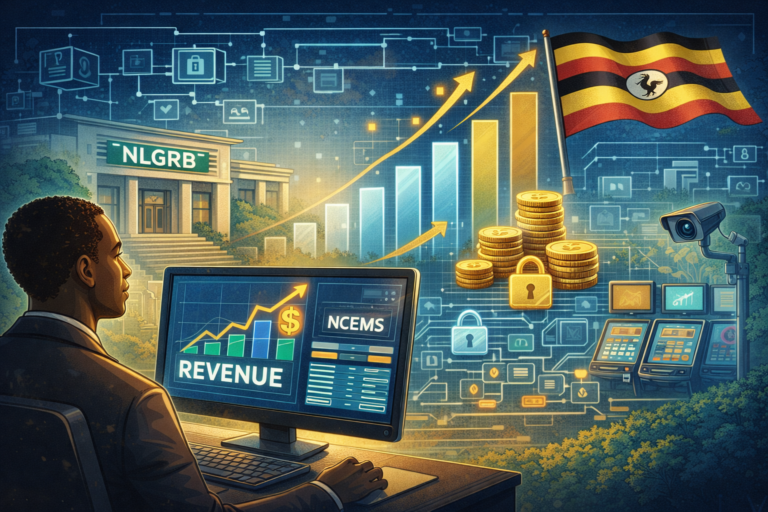 Visuel illustrant la régulation des jeux en Ouganda en 2026 avec le suivi électronique et la croissance des revenus.