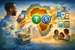 Illustration représentant des stablecoins utilisés comme rails transfrontaliers entre la diaspora africaine et le continent, via mobile money et infrastructures fintech.
