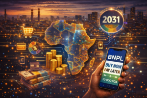 Carte de l’Afrique numérique entourée d’icônes de paiement différé et smartphone illustrant la croissance du BNPL en Afrique.