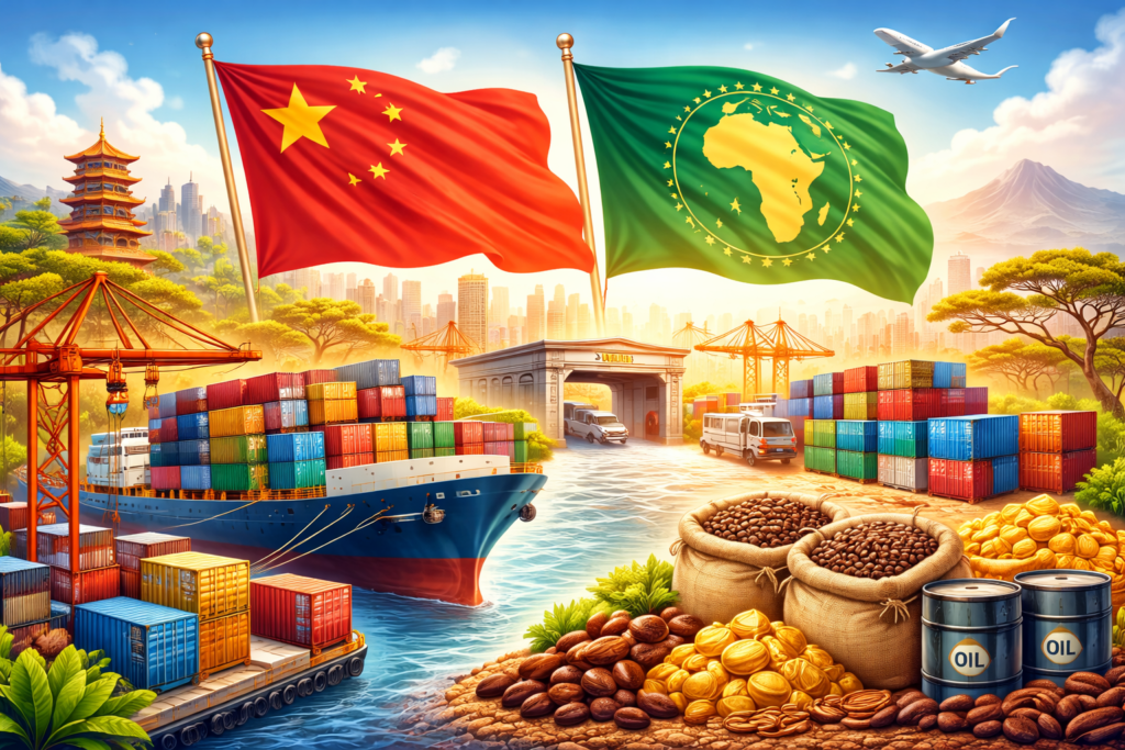 Illustration du commerce Chine Afrique avec cargo, conteneurs et matières premières africaines