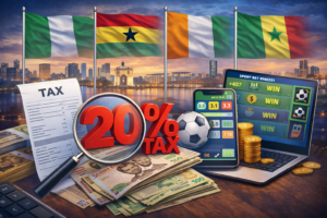 Illustration représentant la fiscalité des paris en ligne en Afrique de l’Ouest avec symboles de taxation, smartphone de paris sportifs et références au Nigeria, Ghana, Sénégal et Côte d’Ivoire.
