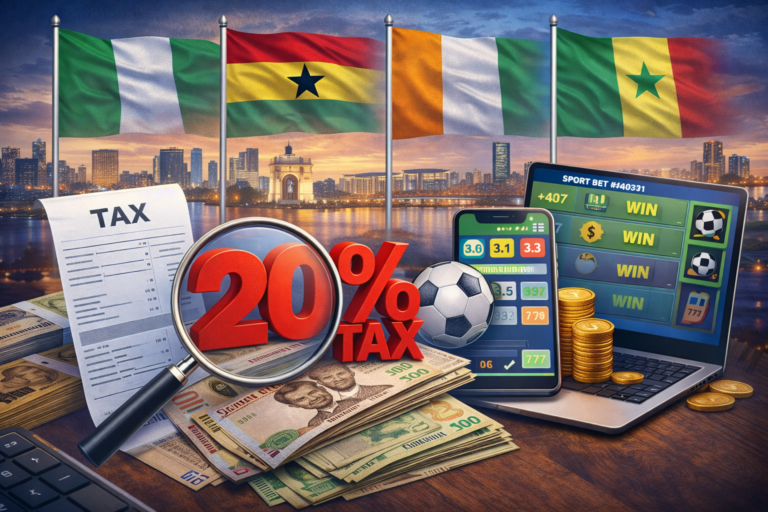Illustration représentant la fiscalité des paris en ligne en Afrique de l’Ouest avec symboles de taxation, smartphone de paris sportifs et références au Nigeria, Ghana, Sénégal et Côte d’Ivoire.