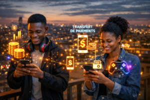 Jeunes Africains utilisant des smartphones avec symboles de paiements numériques et gaming dans une ville africaine au coucher du soleil.