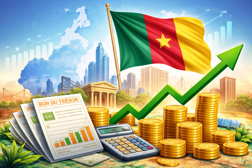 Illustration du marché financier au Cameroun avec obligations du Trésor, pièces et graphique de croissance