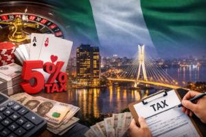 Illustration représentant la retenue de 5 pourcent sur les gains de jeux à Lagos avec éléments de casino et skyline de la ville.