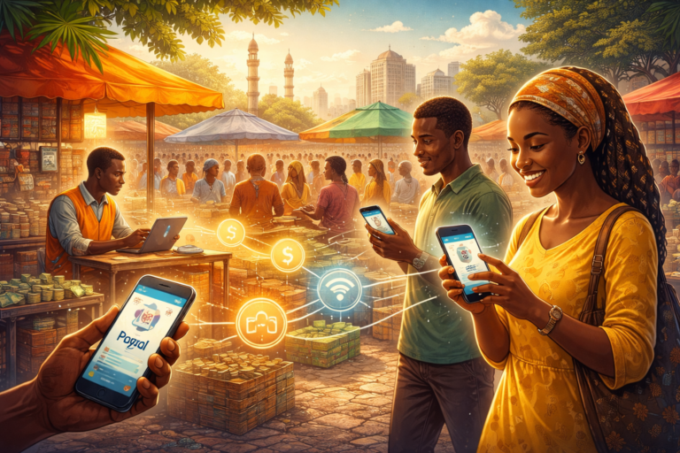 Monnaie électronique en Afrique de l’Ouest illustrée par des paiements mobiles sur smartphone dans un marché urbain.