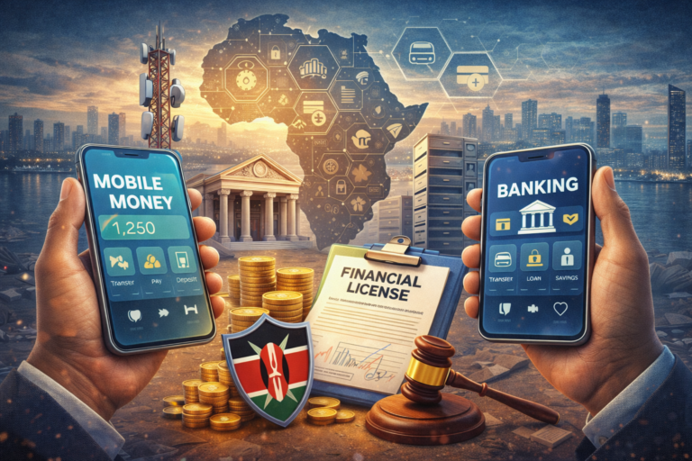 Illustration montrant des smartphones avec applications de mobile money et services bancaires, une tour télécom, une banque et une licence financière en Afrique.