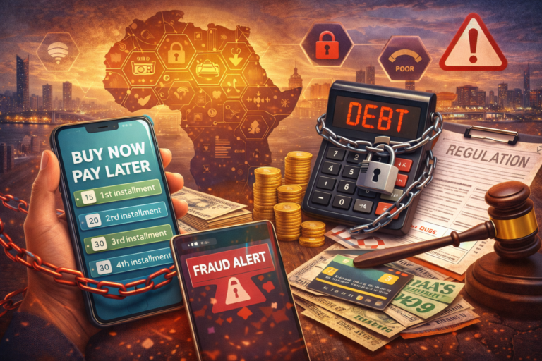 Illustration représentant le paiement différé en Afrique avec smartphone BNPL, symbole de dette, alerte fraude et éléments de régulation financière.