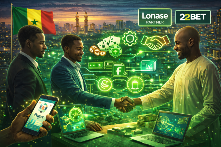 Professionnels africains concluant un partenariat avec ordinateurs et smartphones illustrant la digitalisation du secteur des jeux au Sénégal.