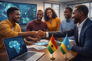 Collaboration entre professionnels fintech africains symbolisant le passeport fintech entre le Ghana et le Rwanda.