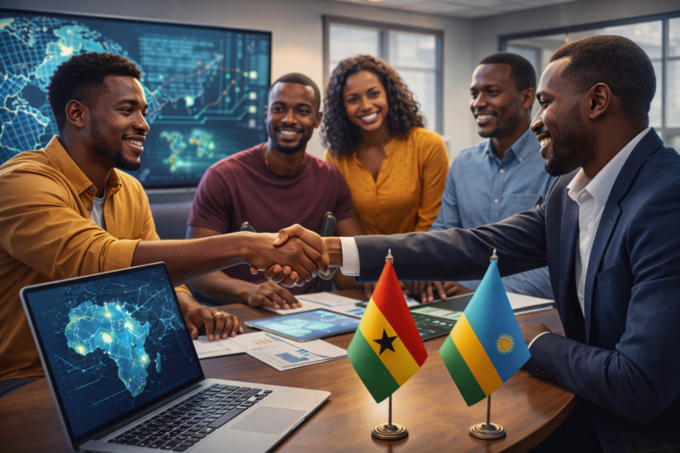 Collaboration entre professionnels fintech africains symbolisant le passeport fintech entre le Ghana et le Rwanda.