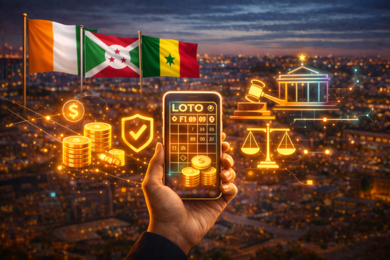 Smartphone affichant une application de loterie numérique avec symboles de régulation et paiements mobiles en Afrique.