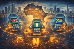 Illustration représentant des super-apps africaines connectées aux paiements numériques au Kenya, au Nigeria et en Afrique du Sud, avec carte de l’Afrique et symboles monétaires.