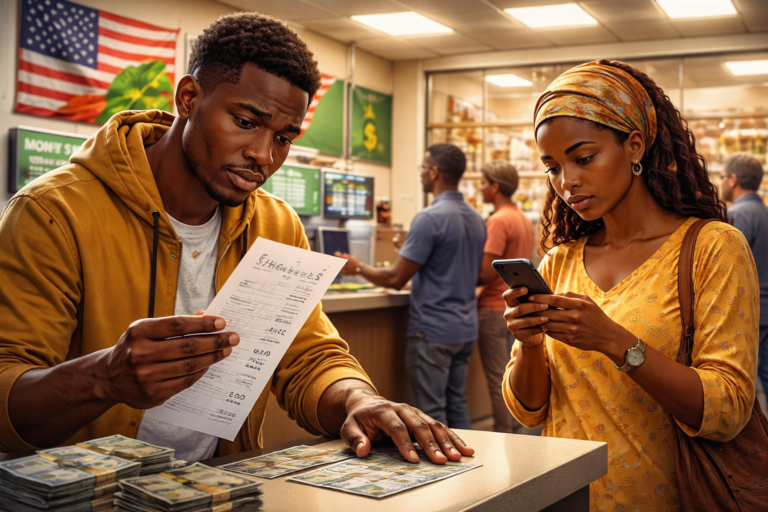 Transfert d’argent international depuis les États-Unis illustré par une diaspora envoyant des remittances dans une agence de transfert.