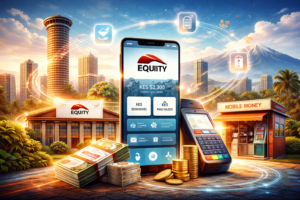 Illustration représentant l’écosystème fintech et mobile money au Kenya autour d’Equity Bank. L’image symbolise la stratégie du groupe bancaire visant à développer une plateforme technologique de paiements numériques et de services financiers en Afrique de l’Est.