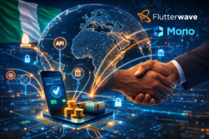 Illustration représentant l’open banking en Afrique avec smartphone, API financières, connexion bancaire et infrastructure fintech.