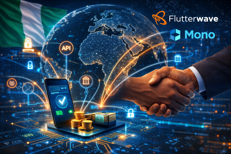 Illustration représentant l’open banking en Afrique avec smartphone, API financières, connexion bancaire et infrastructure fintech.