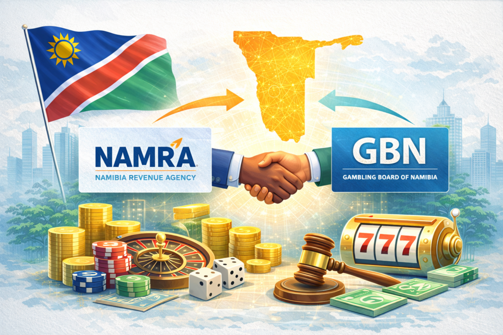 Illustration de la régulation des jeux en Namibie avec coopération entre NamRA et le Gambling Board pour renforcer le contrôle du secteur
