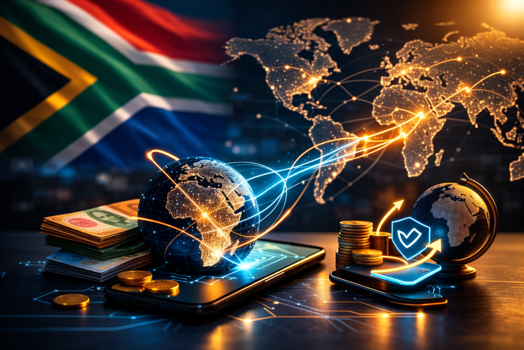 Illustration représentant un transfert d’argent international depuis l’Afrique du Sud avec smartphone, carte du monde et flux financiers numériques.