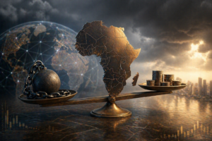 Balance illustrant la dette en Afrique avec une carte du continent et des symboles financiers