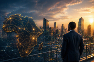 Investisseur observant une ville africaine avec une carte numérique illustrant les flux de capitaux en Afrique francophone