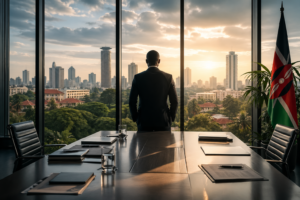 Homme d’affaires dans une salle de réunion à Nairobi illustrant l’appel d’offres du Kenya National Lottery Board pour un conseiller en transaction