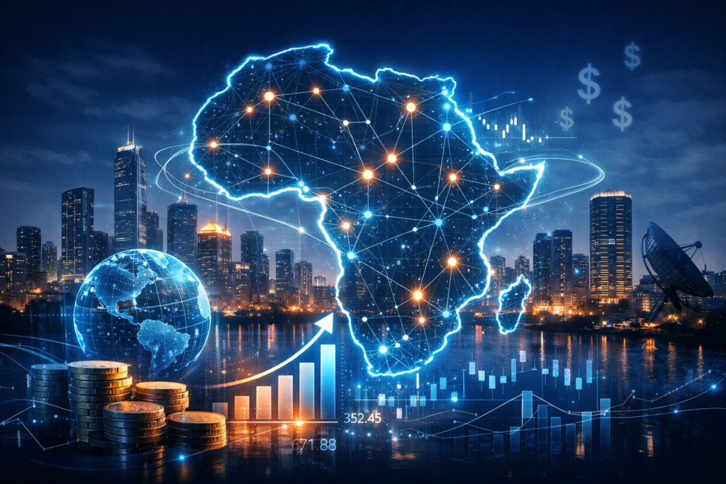 Souveraineté financière Afrique illustrée par une carte connectée et des flux financiers numériques
