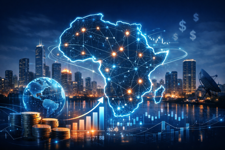 Souveraineté financière Afrique illustrée par une carte connectée et des flux financiers numériques