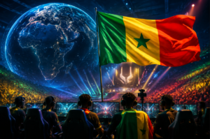 Esports Nations Cup Sénégal 2026 : jeunes joueurs africains en compétition dans une arène high-tech, drapeau sénégalais et éléments numériques