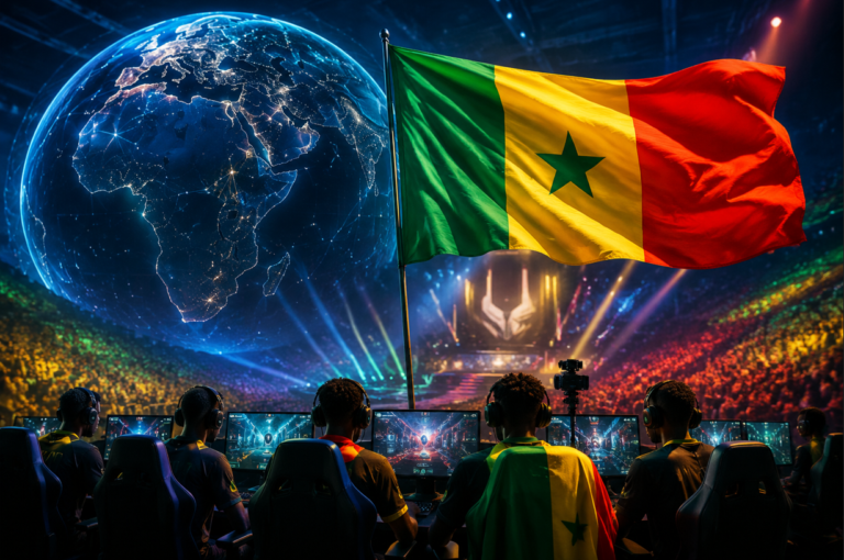 Esports Nations Cup Sénégal 2026 : jeunes joueurs africains en compétition dans une arène high-tech, drapeau sénégalais et éléments numériques
