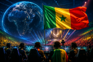 Esports Nations Cup Sénégal 2026 : jeunes joueurs africains en compétition dans une arène high-tech, drapeau sénégalais et éléments numériques