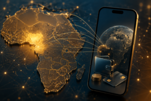 Illustration d’un smartphone représentant les paiements mobiles de Fincra au Ghana, avec carte bancaire et flux numériques simulant les transferts financiers.