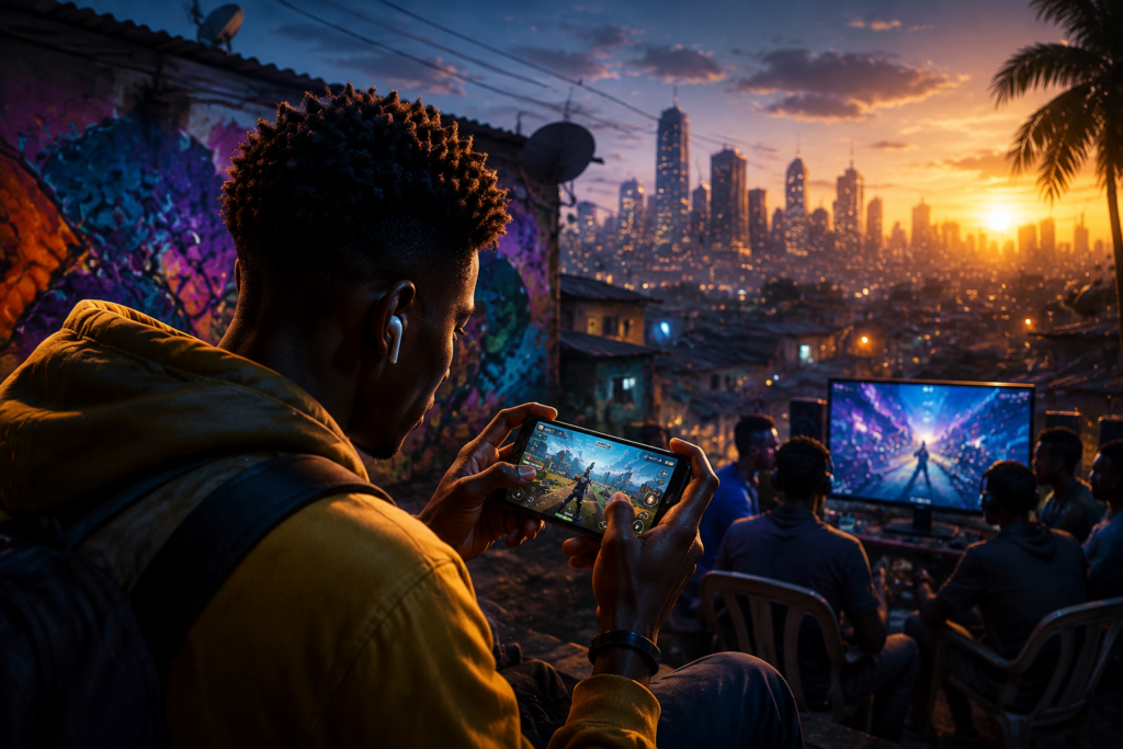 Jeune joueur africain concentré sur un jeu mobile avec des amis, sur fond urbain high-tech et numérique, symbolisant le gaming mobile francophone en Afrique.