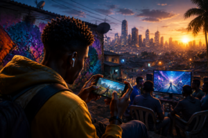 Jeune joueur africain concentré sur un jeu mobile avec des amis, sur fond urbain high-tech et numérique, symbolisant le gaming mobile francophone en Afrique.