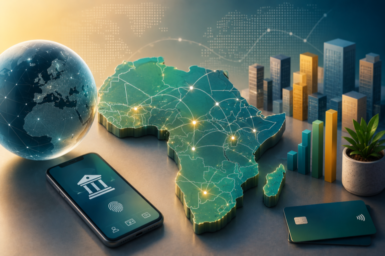 Illustration d’un smartphone représentant les paiements mobiles de Fincra au Ghana, avec carte bancaire et flux numériques simulant les transferts financiers.