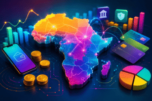 Illustration colorée représentant la croissance de la fintech africaine avec des paiements numériques, des données financières et une carte de l'Afrique connectée.
