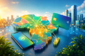 Illustration d'une carte de paiement africaine connectant plusieurs pays du continent grâce à une infrastructure numérique de paiements transfrontaliers.