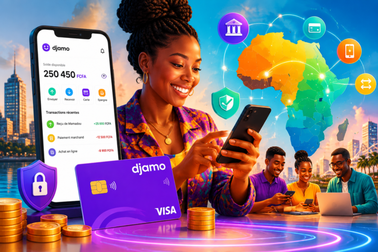 Djamo fintech proposant des services financiers numériques et une carte de paiement en Afrique francophone.