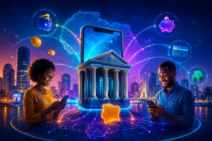Illustration représentant la transformation d'une fintech en banque numérique en Afrique de l'Ouest avec services mobiles, paiements digitaux et infrastructure bancaire connectée.