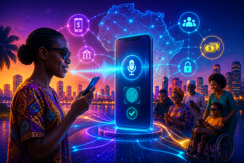Illustration représentant l'accessibilité du mobile money pour les personnes handicapées en Afrique grâce aux technologies vocales, biométriques et aux services financiers numériques inclusifs.